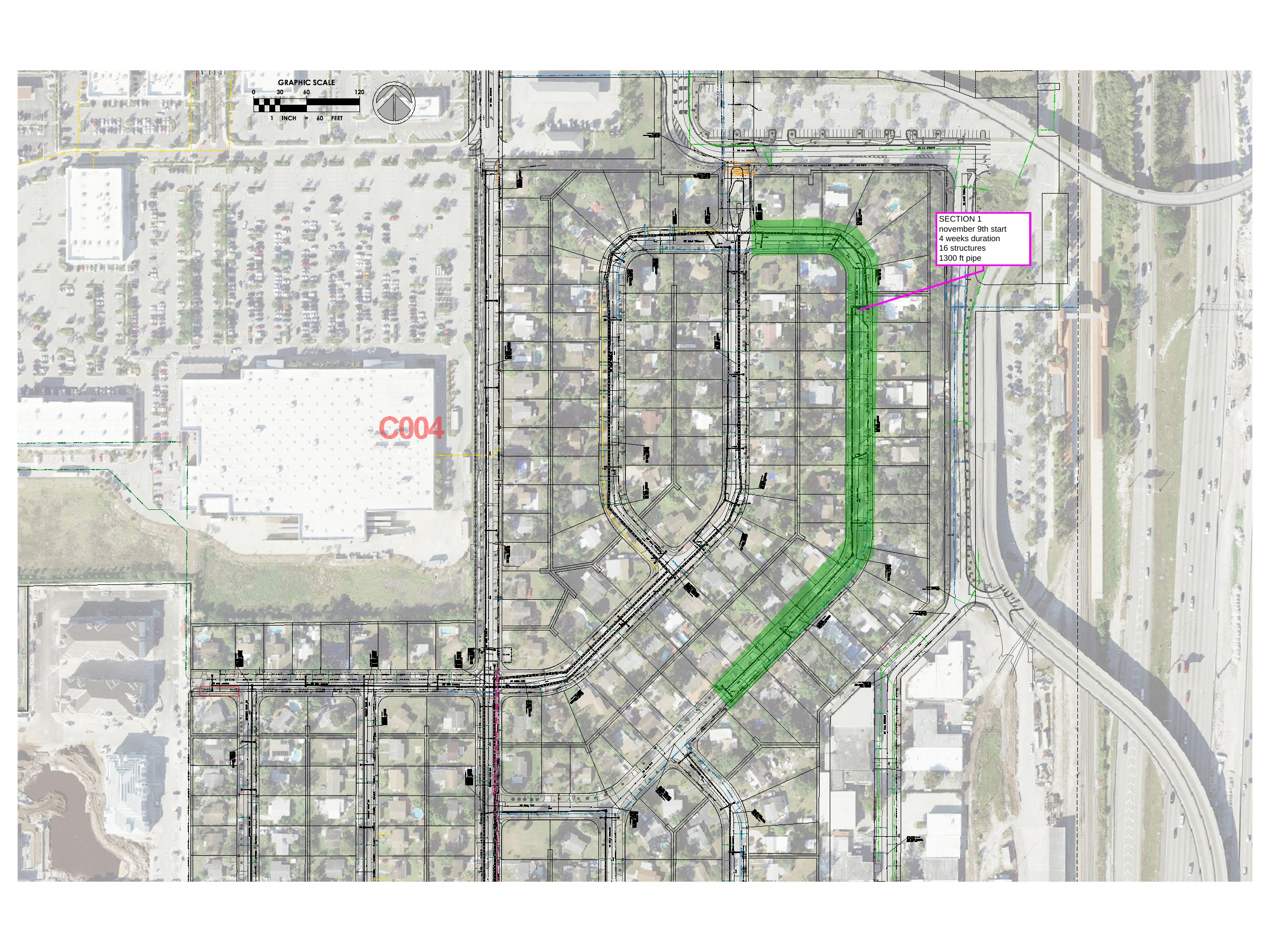 East Melrose exhibit C004 · Section 1, with work sections highlighted in green and timing annotations