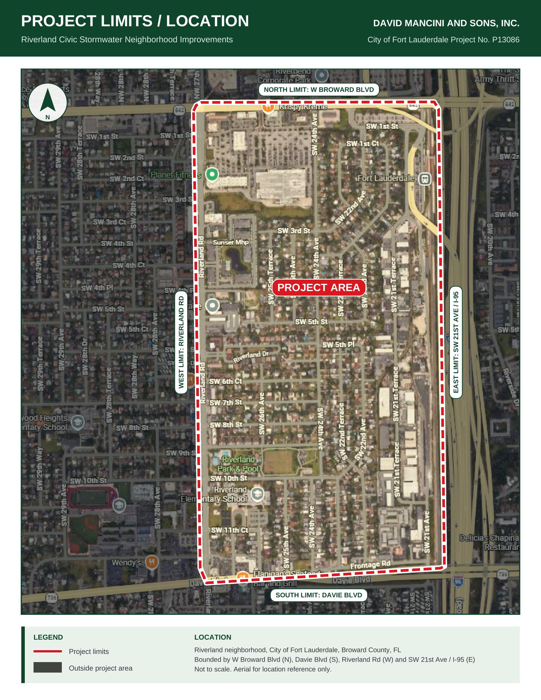 Riverland project limits: W Broward Boulevard to the north, Davie Boulevard to the south, Riverland Road to the west and SW 21st Avenue / I-95 to the east, outlined on an aerial map